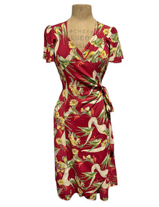 Red Swallow Print Biasa Wrap Dress - Size Medium