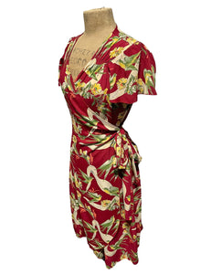 Red Swallow Print Biasa Wrap Dress - Size Medium