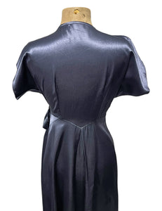 Slate Blue Satin 1940s Style Cascade Wrap Dress - Size Medium