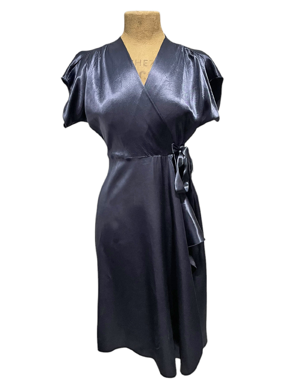 Slate Blue Satin 1940s Style Cascade Wrap Dress - Size Medium