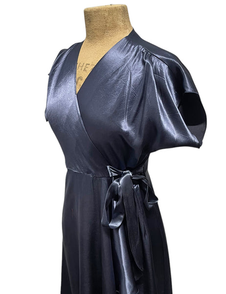 Slate Blue Satin 1940s Style Cascade Wrap Dress - Size Medium