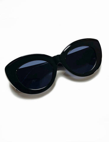 Solid Black Retro Thick Frame Rounded Cat Eye Sunglasses