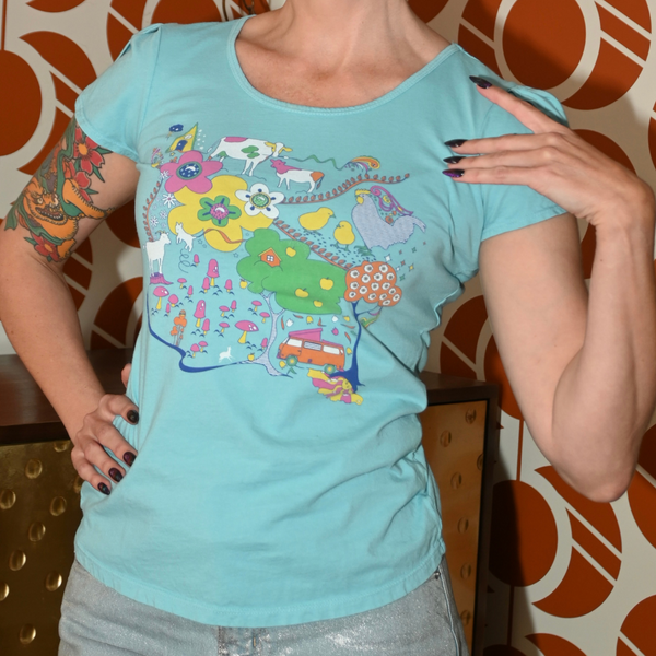 Whimsical Landscape & Animal Tee in Blue Skies