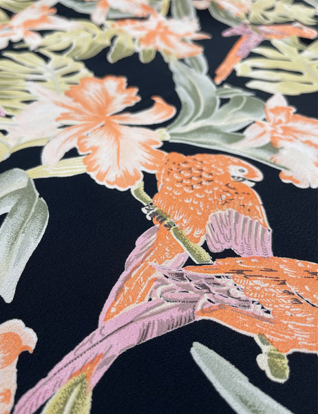 Black & Soft Neon Parrot Print Rayon Crepe Fabric - 2.5 yds