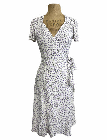 White Purple Posey Vintage Style Biasa Wrap Dress