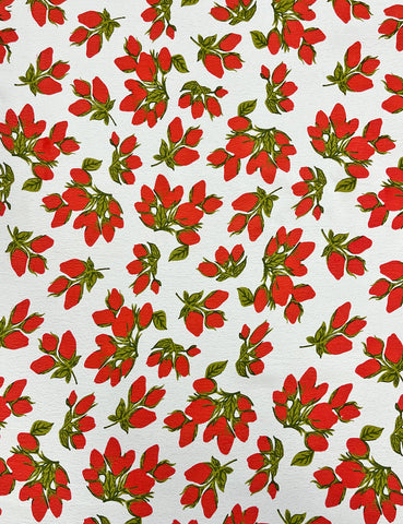 White & Red Rosebud Print Rayon Crepe Fabric - 2.5 yds