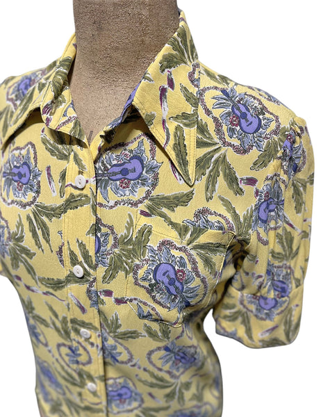 Yellow Island Music Print Sample Button Up Blouse