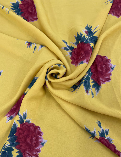 Yellow & Red Rose Rayon Crepe Fabric - 3 yds