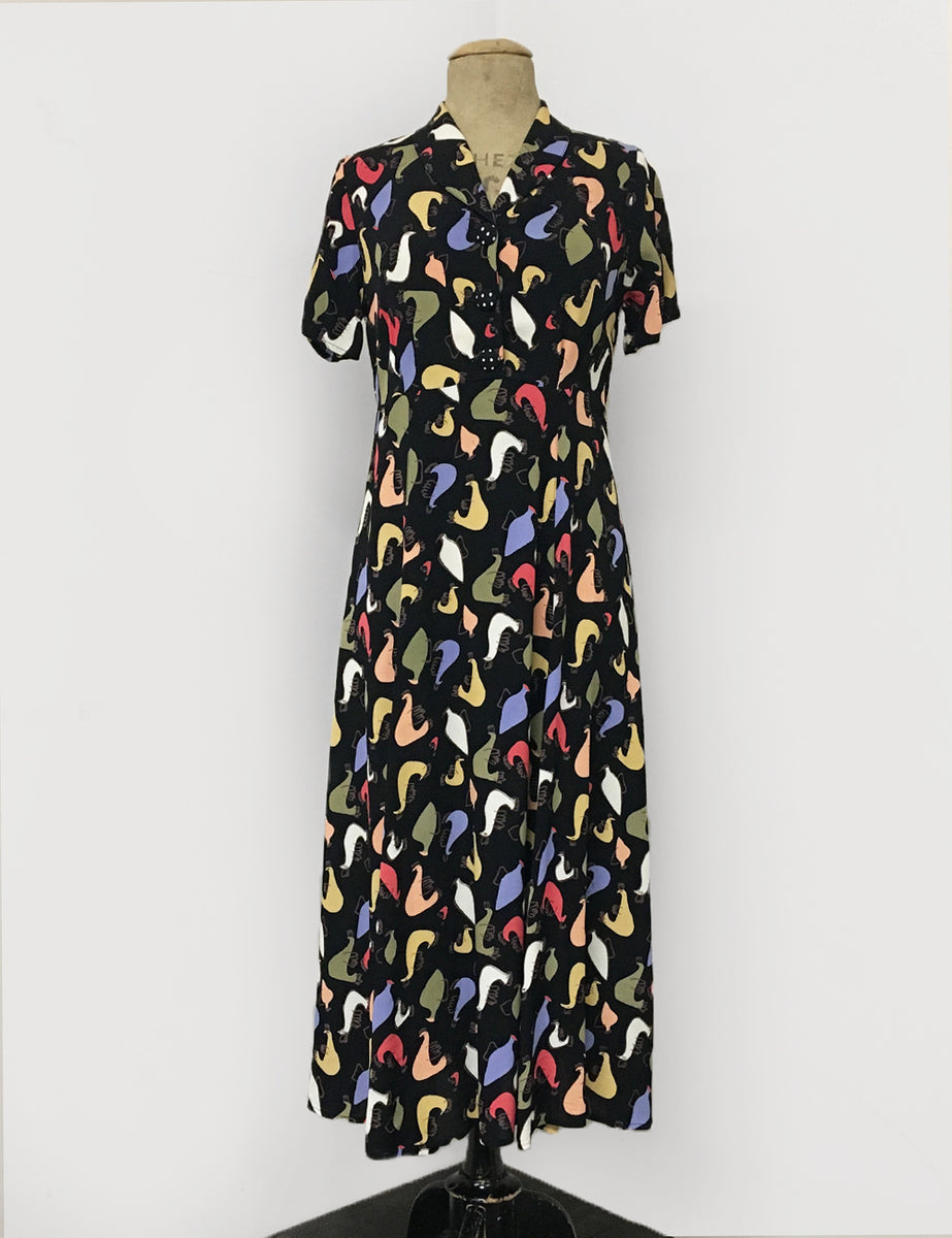Pollo Loco Print 1940s Vintage Tea Length Short Sleeve Day Dress - FIN ...
