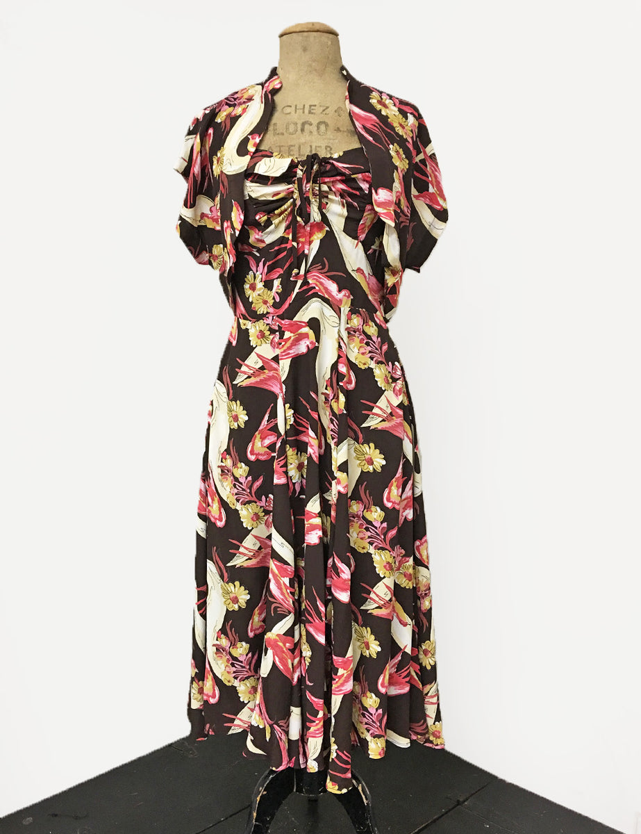 Brown Vintage Swallow Print 1940s Inspired Marta Halter Swing Dress ...