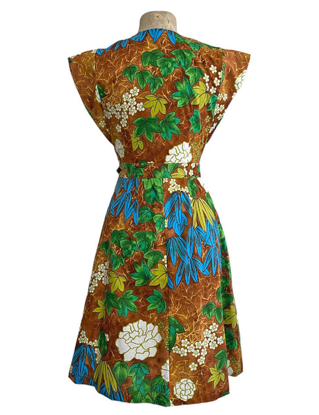 Scout 1940s Style Brown Barkcloth Print Garden Wrap Dress