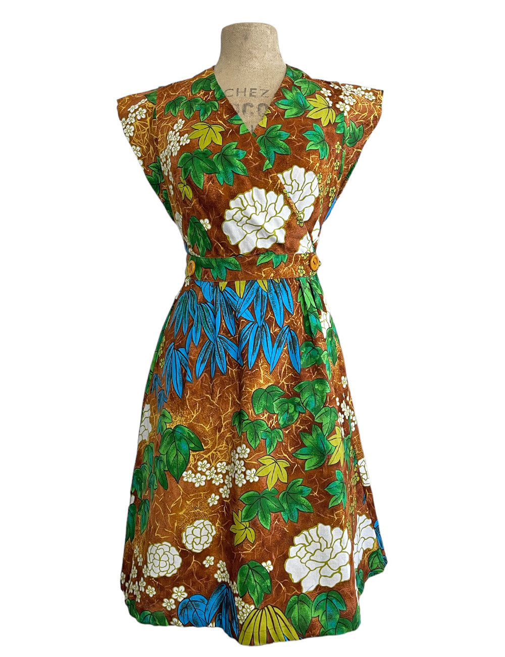 Scout 1940s Style Brown Barkcloth Print Garden Wrap Dress