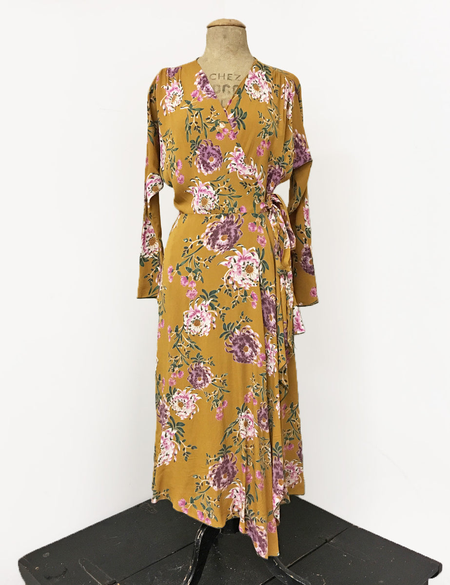 Long Sleeve Mustard Yellow Spring Floral Cascade Wrap Dress - FINAL SA ...