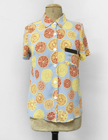 Blue Summer Orange Slices Button Up Short Sleeve Camp Shirt