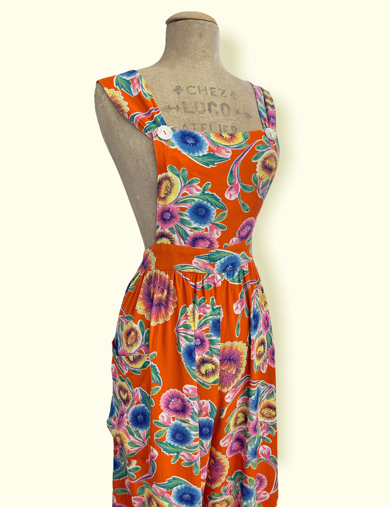 Orange Colorful Floral Oil Cloth Print Rosie 1940s Style Bib Overalls ...