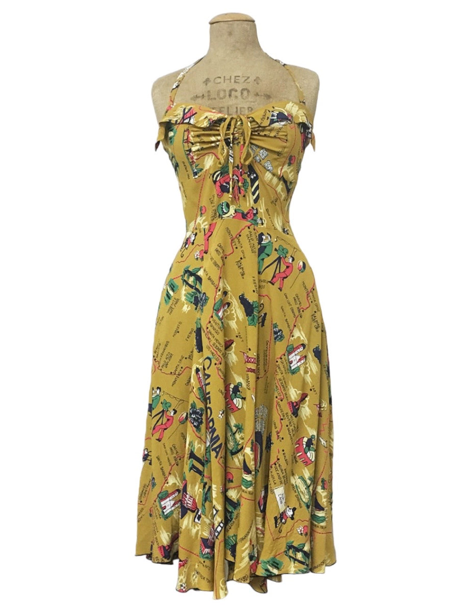 Mustard Yellow California Map Print 1940s Marta Halter Swing Dress ...