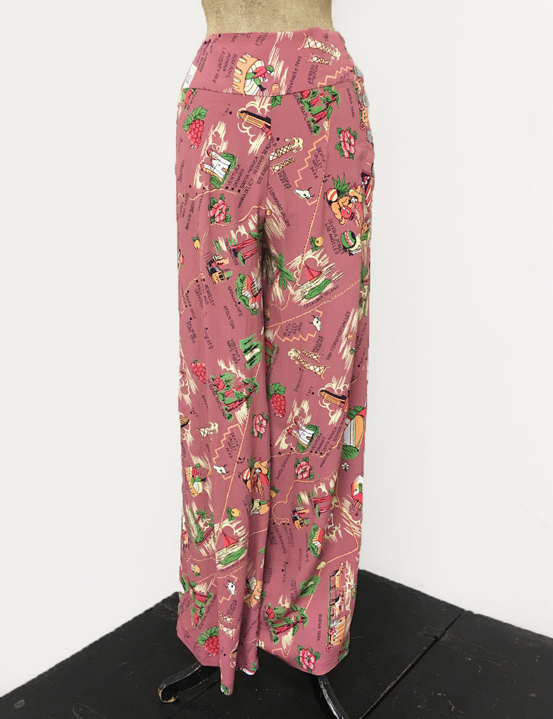 Vintage 1940s Rayon Capri Lounge Pants M 1940s Pink Beige Cropped Harem Casual  Pants Side Button Closure 