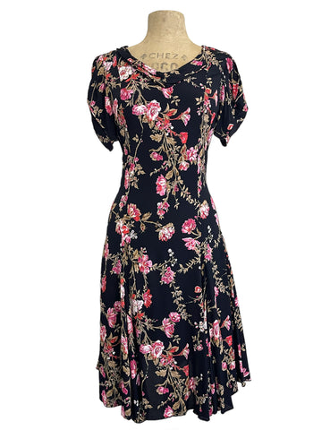 Black Vine Floral 1930s Style Venice Beach Swing Dress