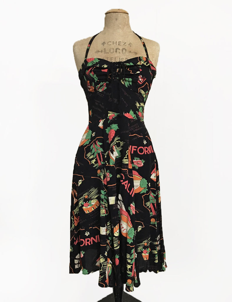 Black California Map Print 1940s Style Marta Halter Dress – Loco Lindo